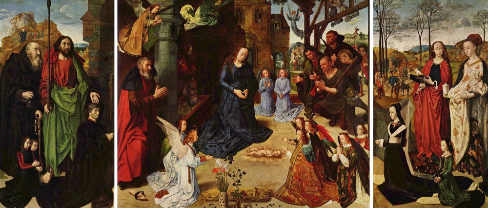 Hugo van dear Goes, The Portinari Altarpiece, 1475, oil on wood triptych, 253 cm x 304 cm, Uffizi Gallery, Florence. The Adoration of the Shepherds.